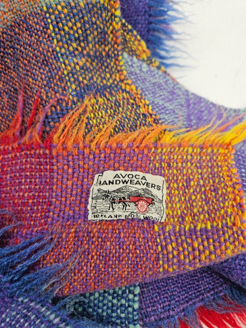 VTG Avoca Handweavers Wool Throw 53in x 35in Rainbow Plaid Blanket Ireland - Picture 3 of 4